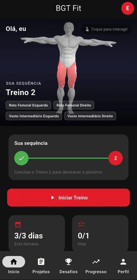 Tela do aluno com o boneco 3D mostrando os músculos do treino