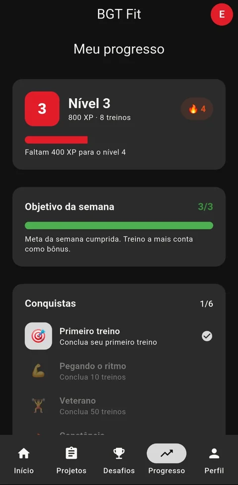 Tela de progresso do aluno com nível, XP e conquistas