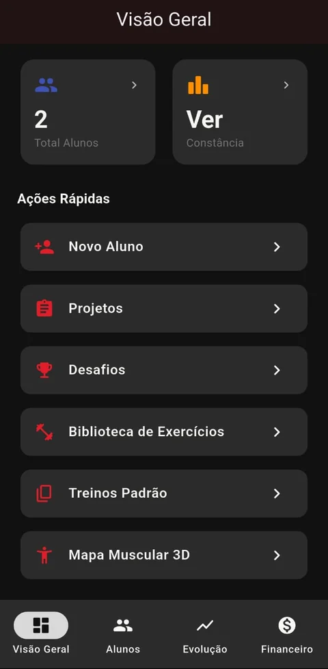 Painel do personal no BGT Fit: total de alunos e ações rápidas